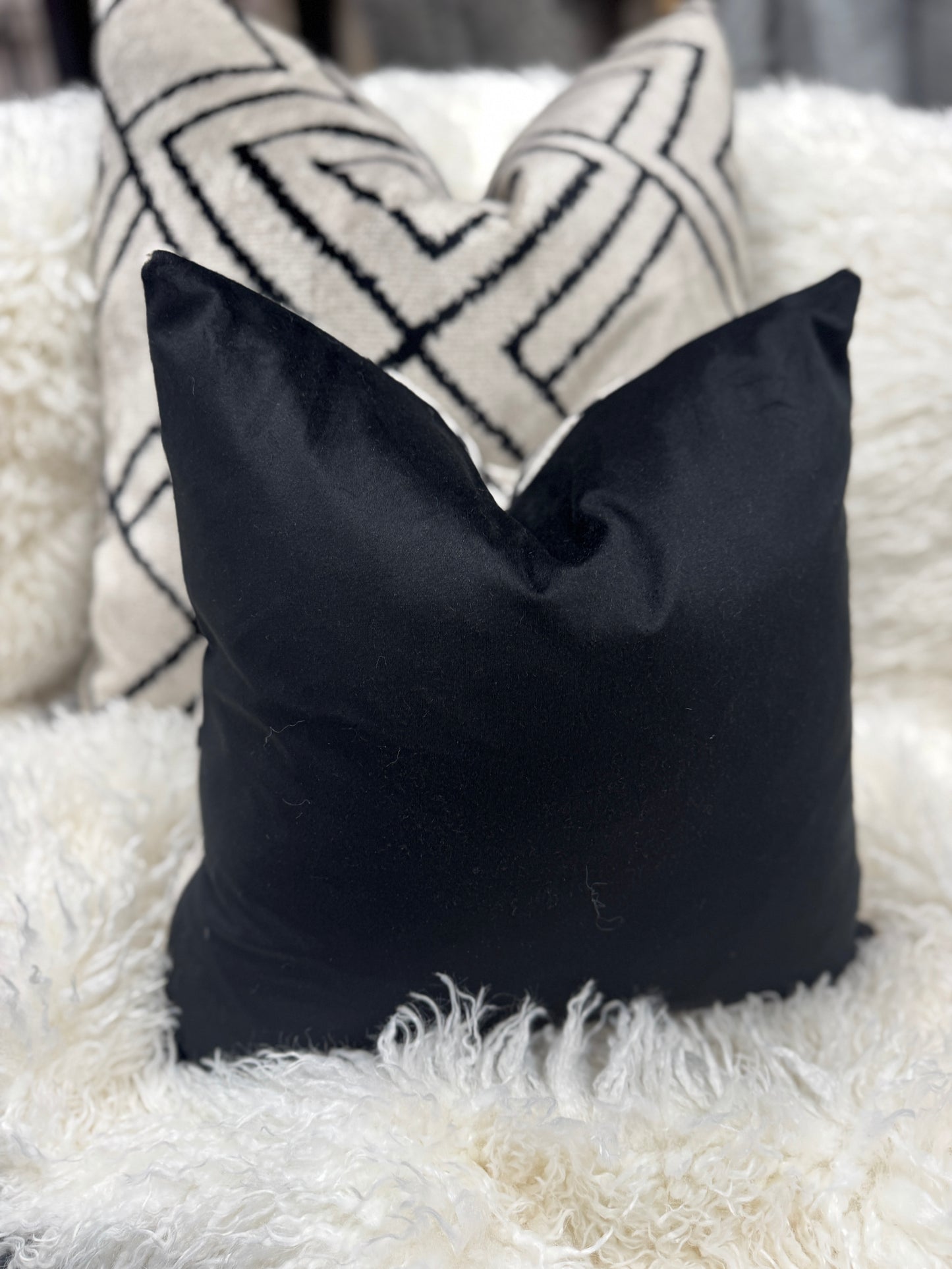 Grey and black Aztec pattern velvet feather filled cushions 45 x 45cmcm (Copy)