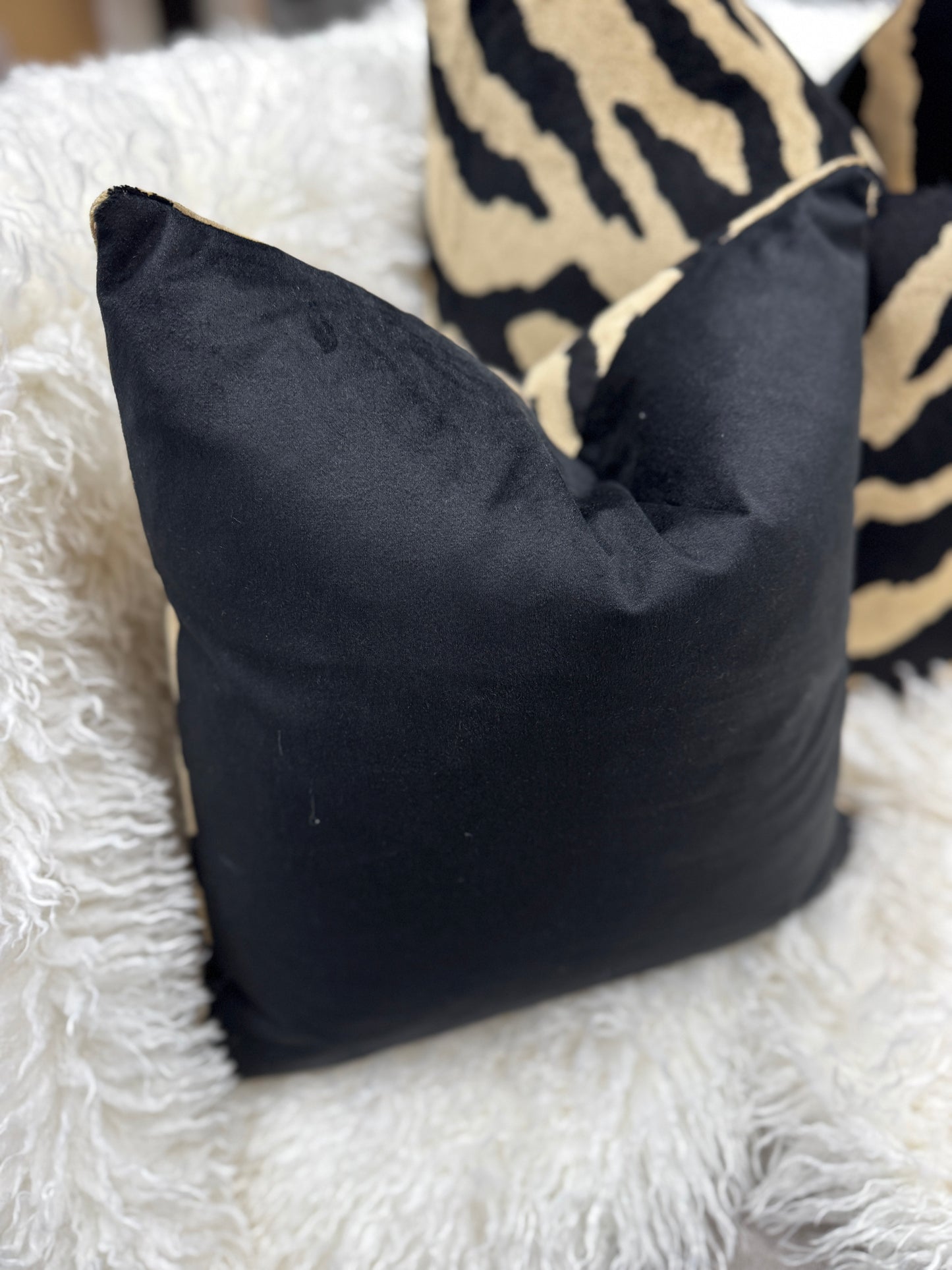 Taupe and black safari print velvet cushion 60 x 60cm feather filled