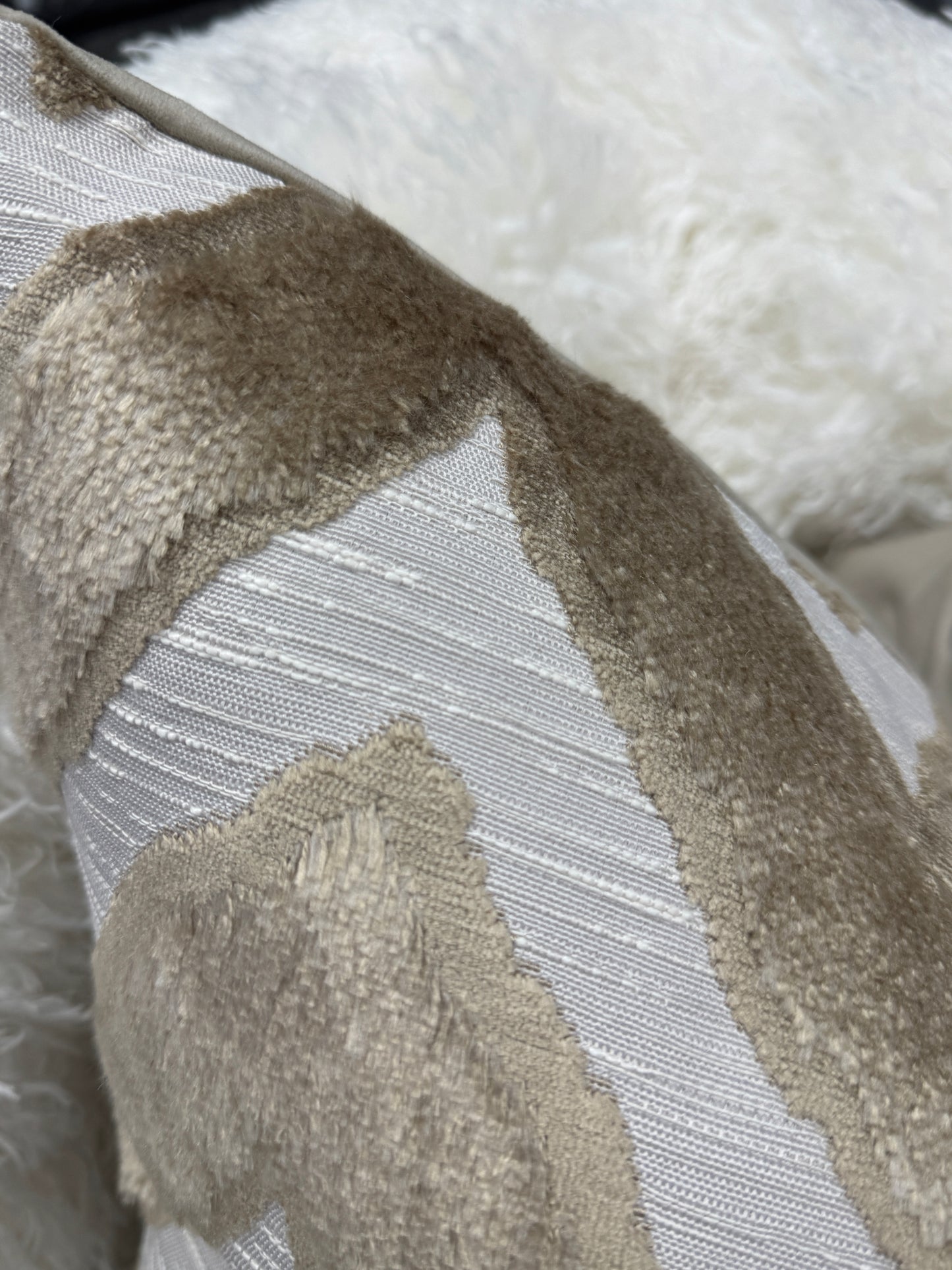 Taupe and cream zig zag velvet pattern cushion 60 x 60cm feather filled