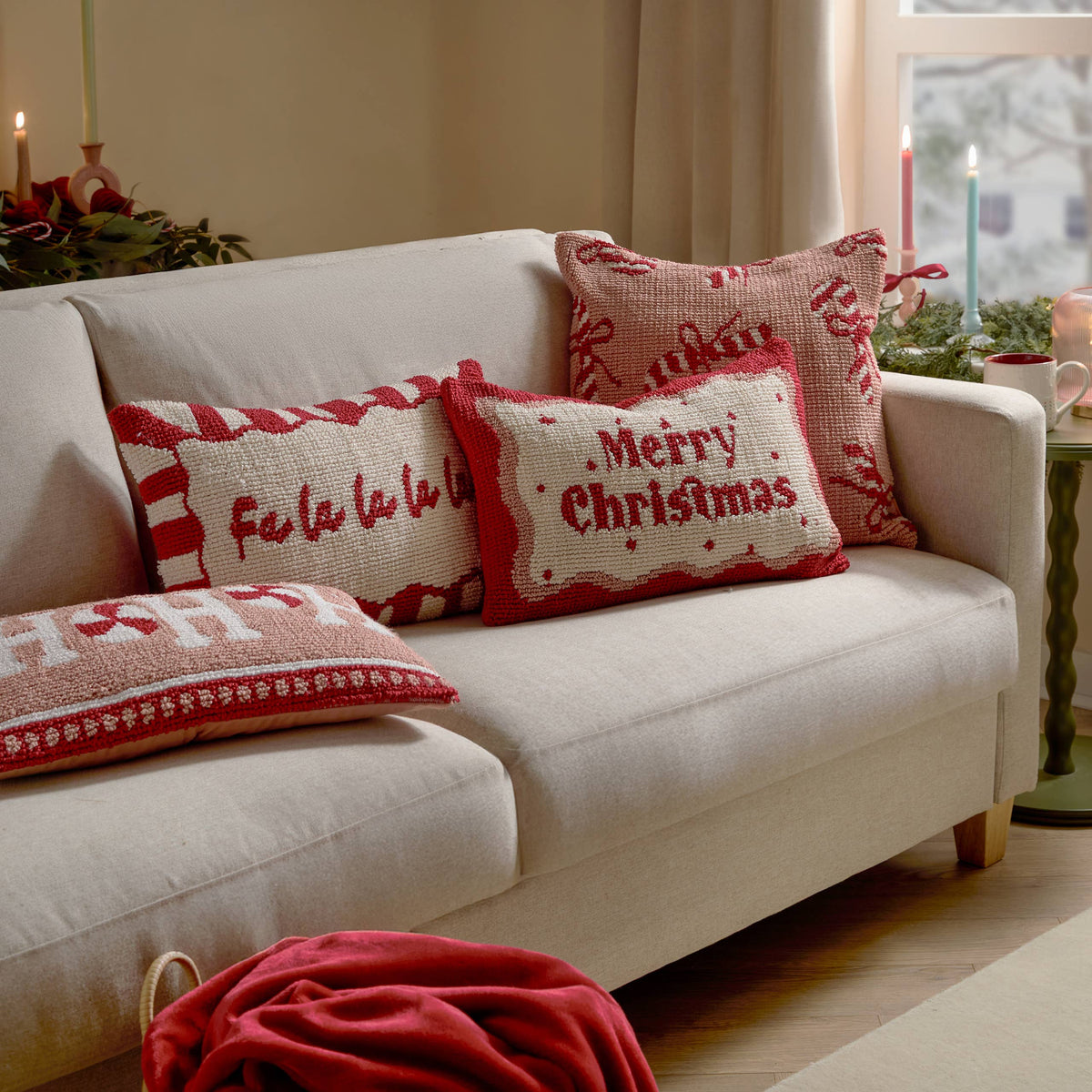 Candy Merry Christmas Tufted Cushion Red/White: Red/White / Fibre Filled / 30 x 50cm