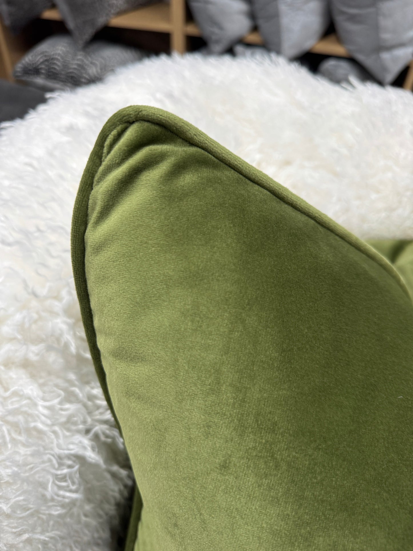 Light olive green velvet cushion feather filled 60 x 60 cm