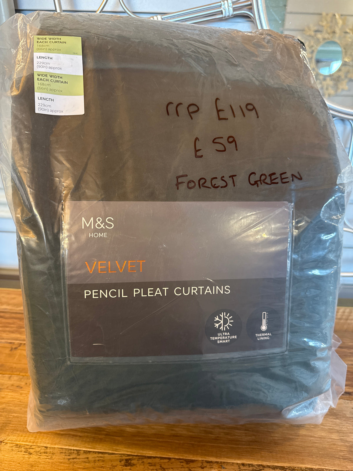 M & S Forest Green Velvet Thermal Pencil Pleat Curtains 66x90inch