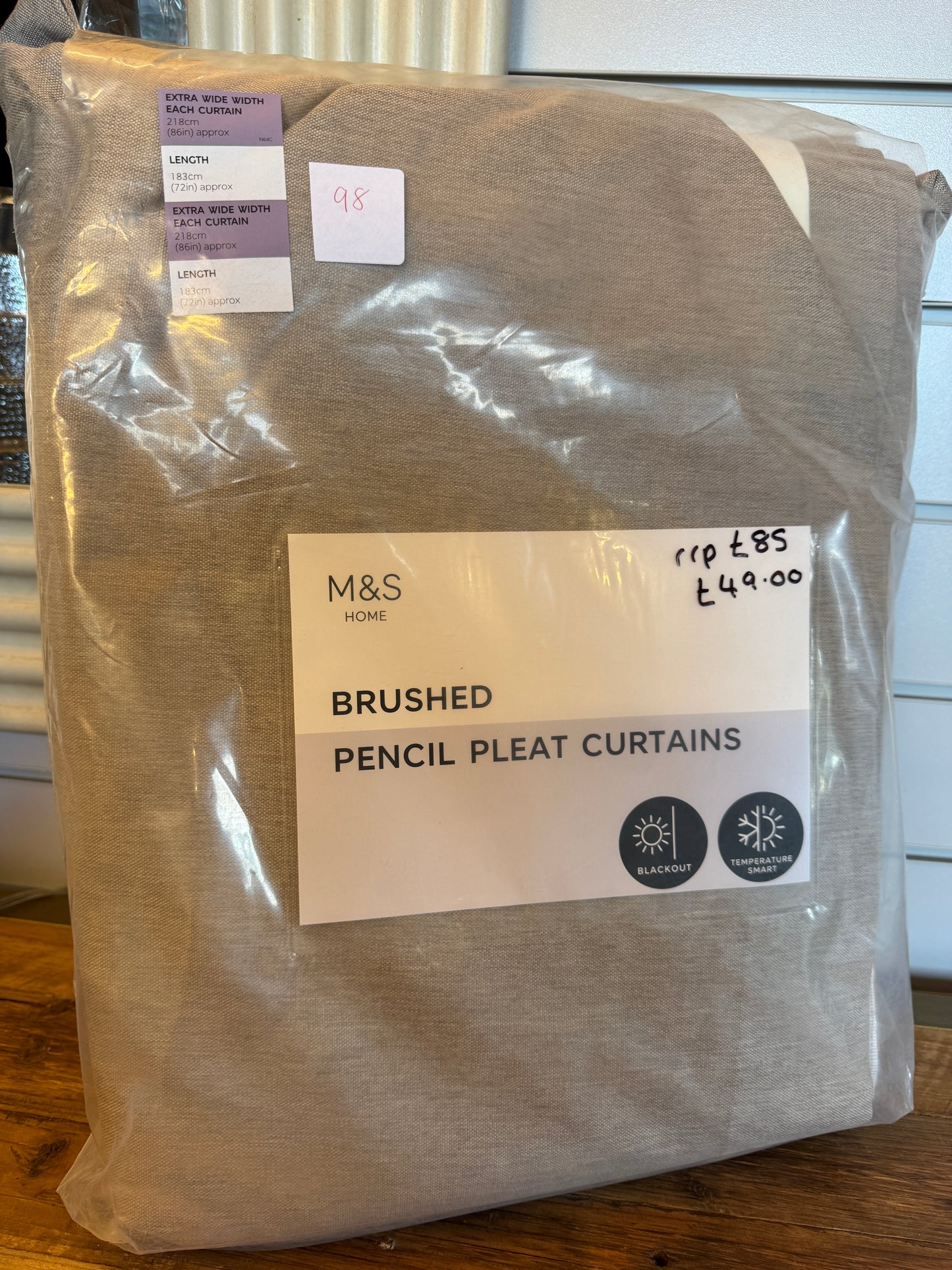 Marks and Spencer neutral beige Smart Temperature Blackout Brushed Pencil Pleat curtains 86 x 72 inch