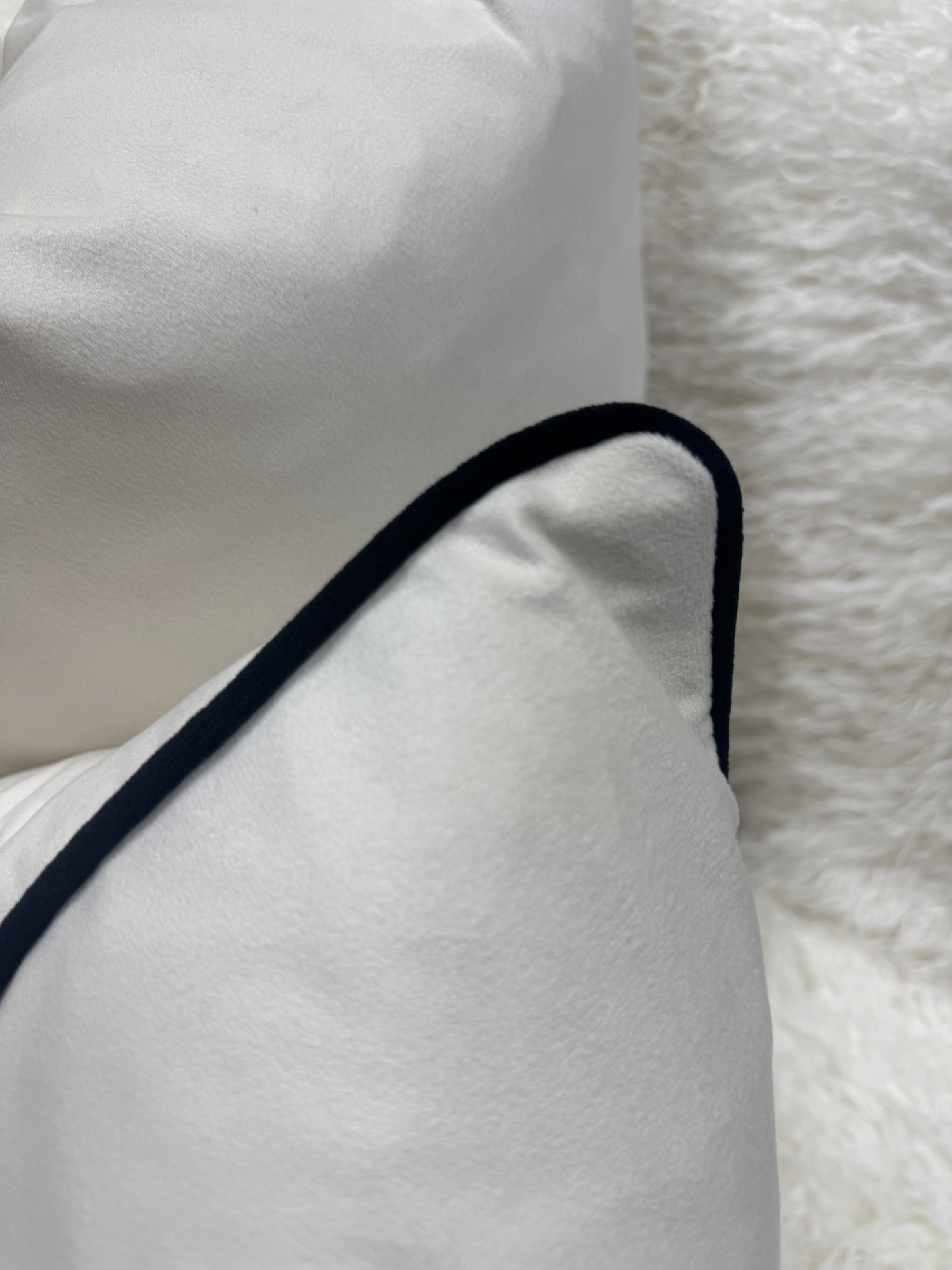 Light cream velvet cushion black pipe edge 60 x 60 cm Feather filled piped edge