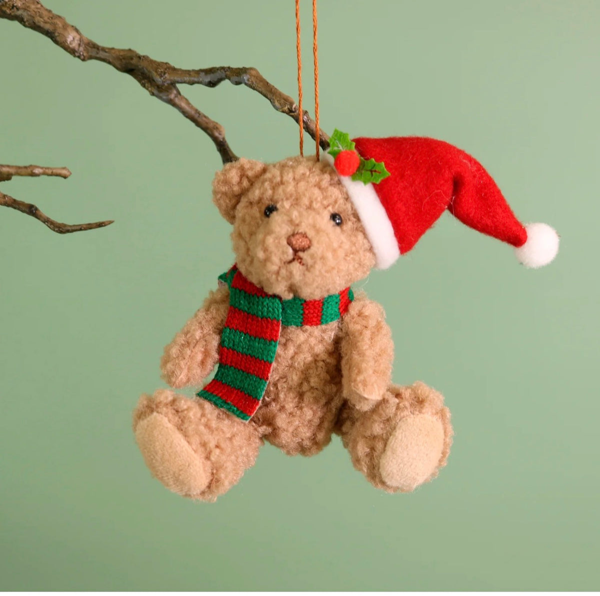 Festive Teddy Bear Hanging Decoration – 12cm red hat scarf