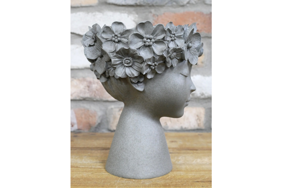 Grey flowered head planter . Beautiful face detail .