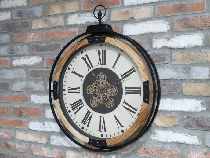 Wooden frame wall clock with moving cog detail