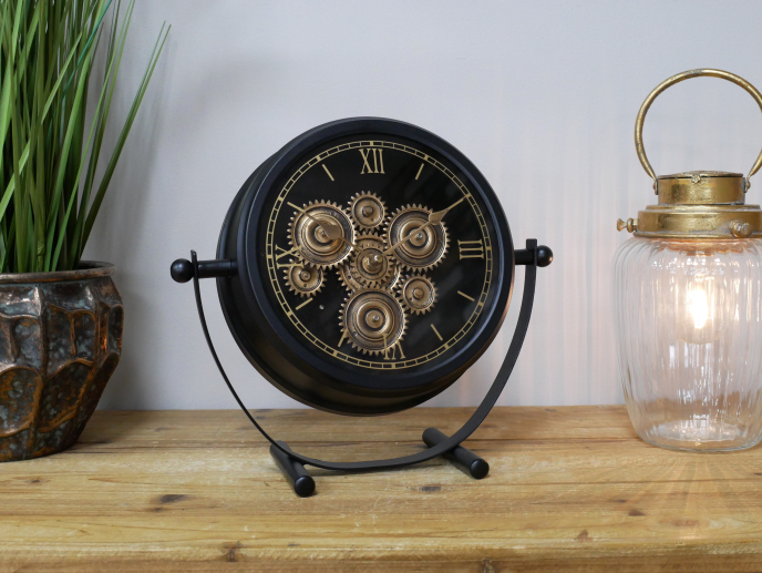 Black and gold moving cog detail clock
