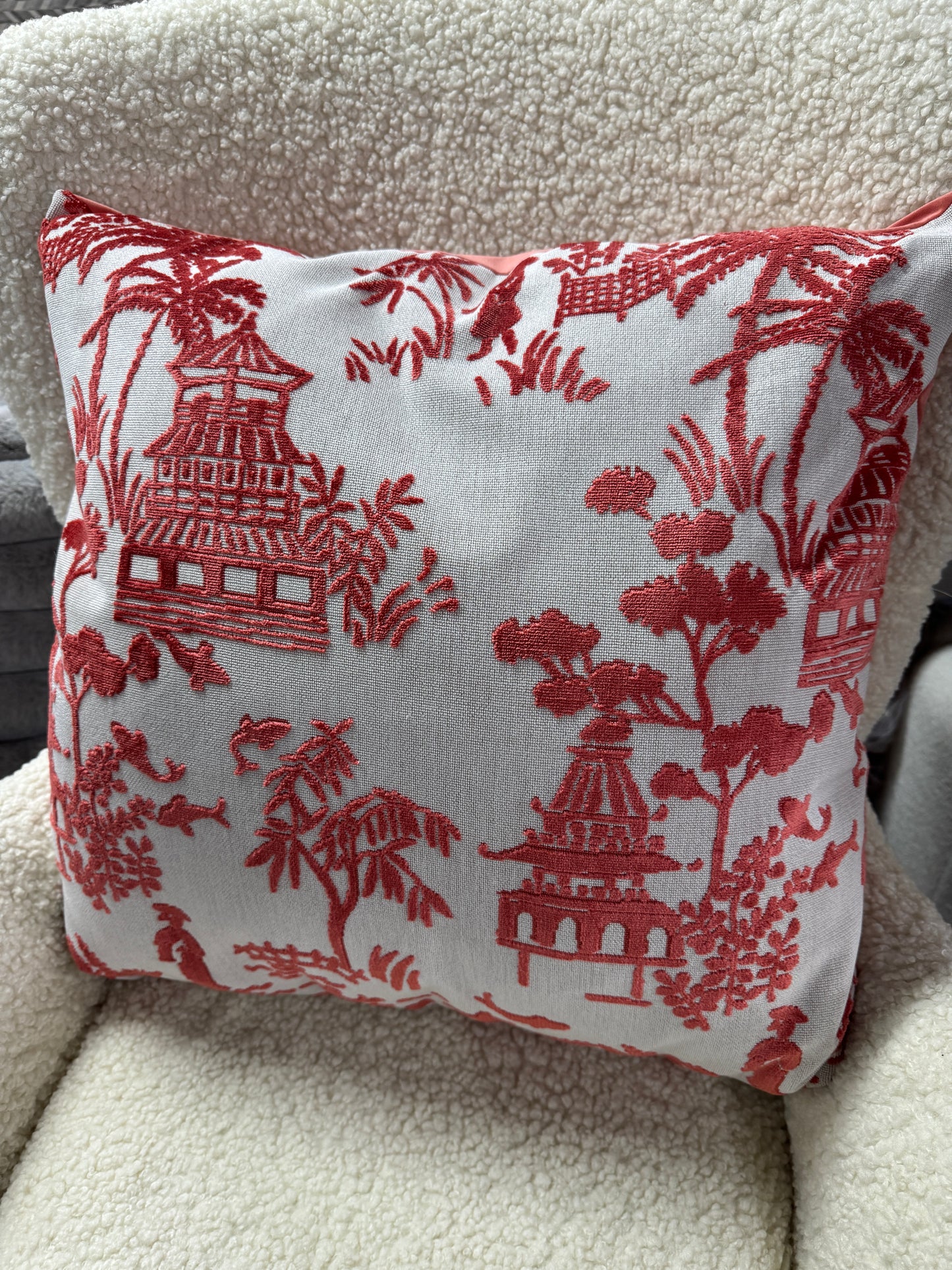Coral pink oriental pattern feather filled cushion 60 x 60