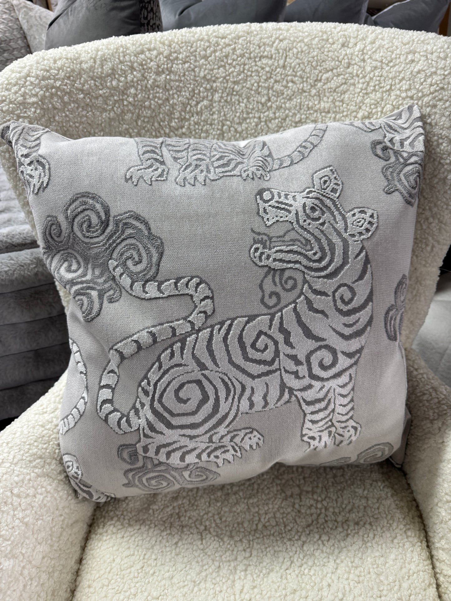 Grey tiger cushion velvet, feather filled, 60 x 60cm