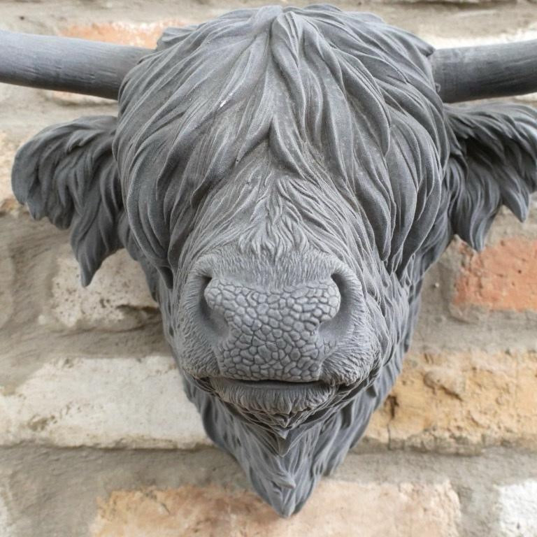 Grey Flocked Highland Cow Head Wall Ornament – Luxury Velvet Finish (46cm)