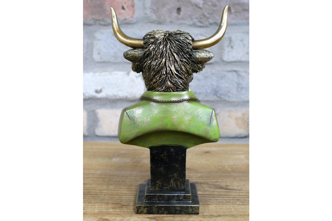 Highland Cow Bust Statue in Green Suit with Red Bow Tie Unique Decorative Piece