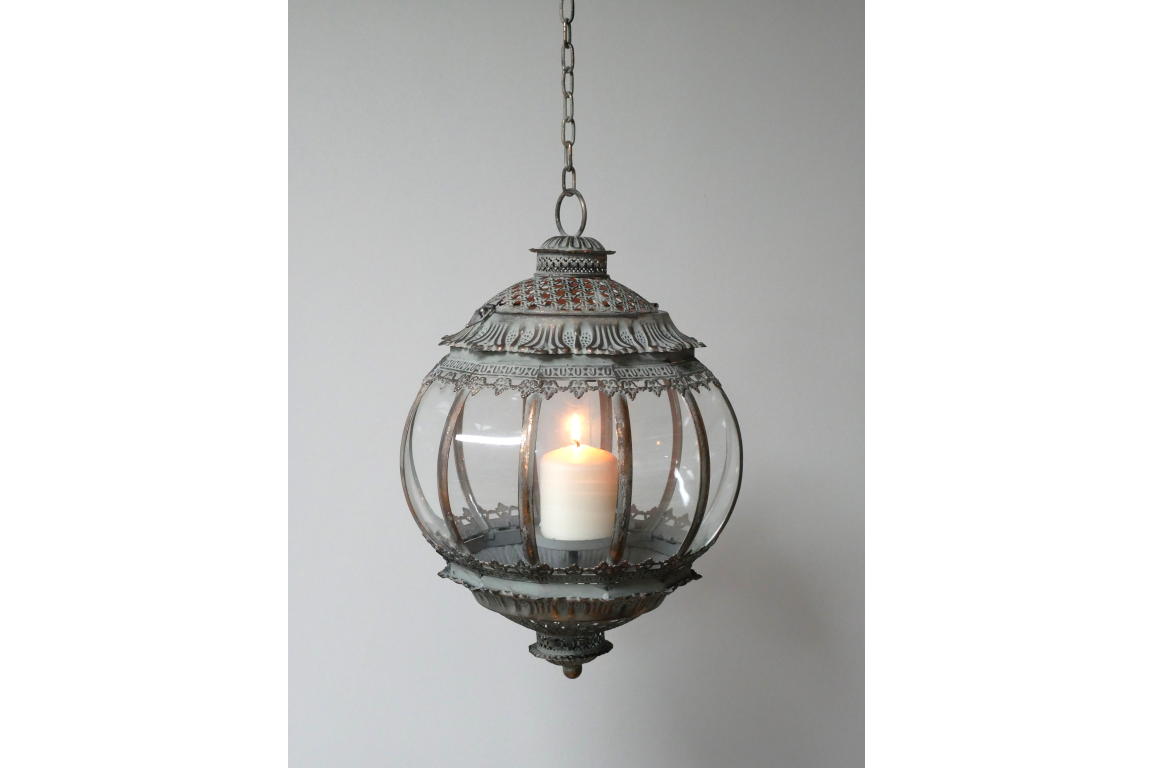 Bronze glass ornate round hanging lantern