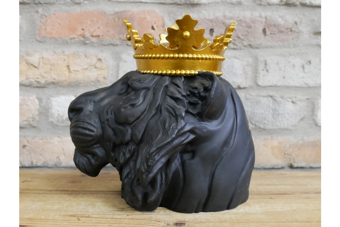 Crowned Lion Head Ornament Black & Gold Resin Statue 25cm