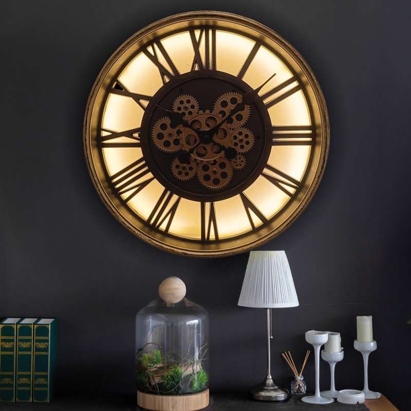 Antique Gold Light Up Cog Wall Clock | LED Roman Numeral Wall Clock