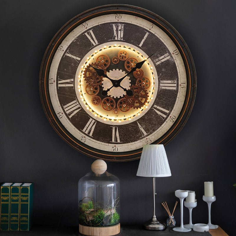 76cm Gold Light Up Cog Wall Clock | Large LED Industrial Wall Clock
