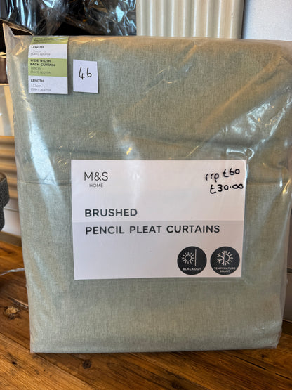 M & S Sage Green Thermal Blackout Brushed Pencil Pleat Curtains 66 x 54 inch