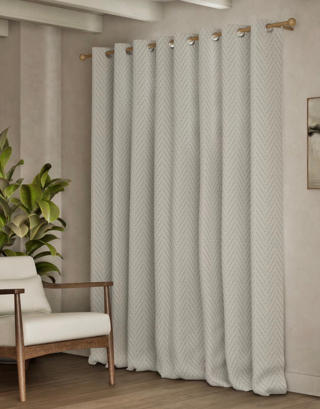 M & S Natural/Grey Herringbone Textured Eyelet Curtains Natural/Grey 66 x 72 inch
