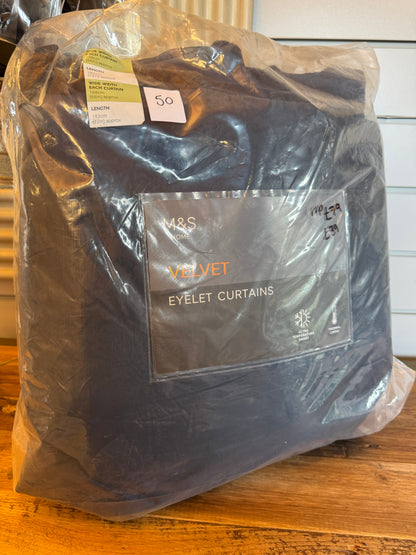 M & S Navy Blue Velvet Thermal Eyelet Curtains 66x 72 inch