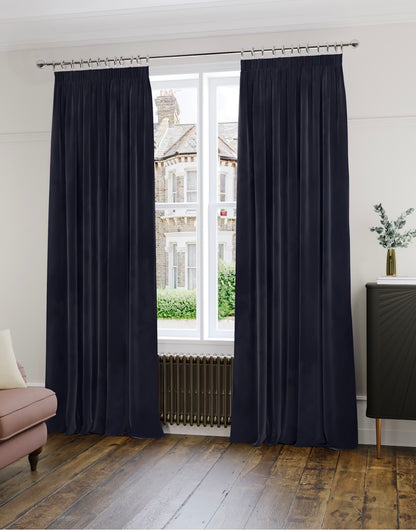 M & S Navy Blue Velvet Thermal Pencil Pleat Curtains 66 x 90 inch