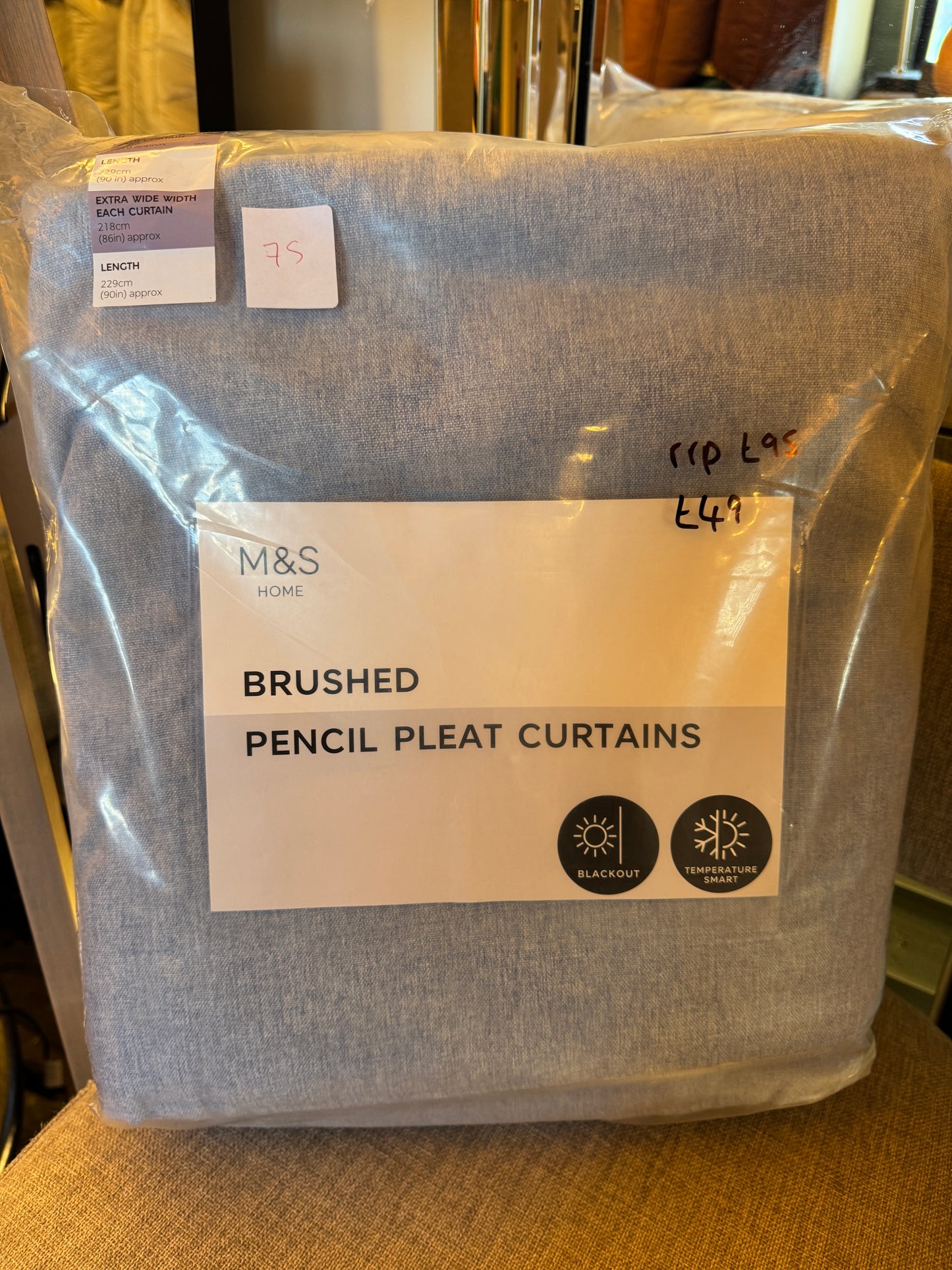 M & S Mid Blue Smart Temperature Blackout Brushed Pencil Pleat Curtains 86 x 90 inch