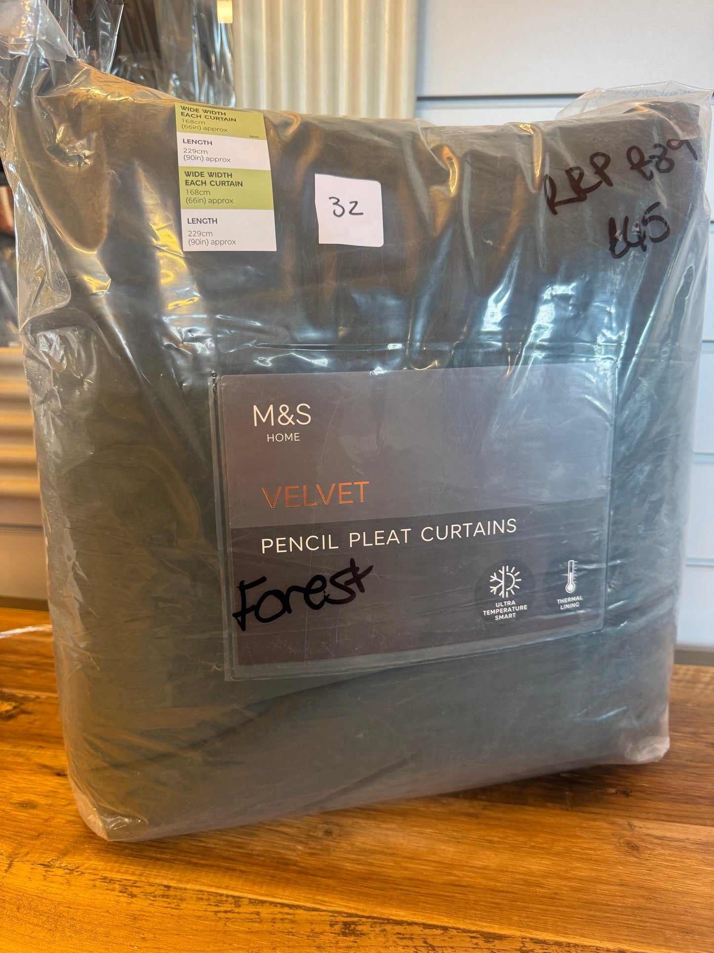 M & S Forest Green Velvet Thermal Pencil Pleat Curtains 66x90inch