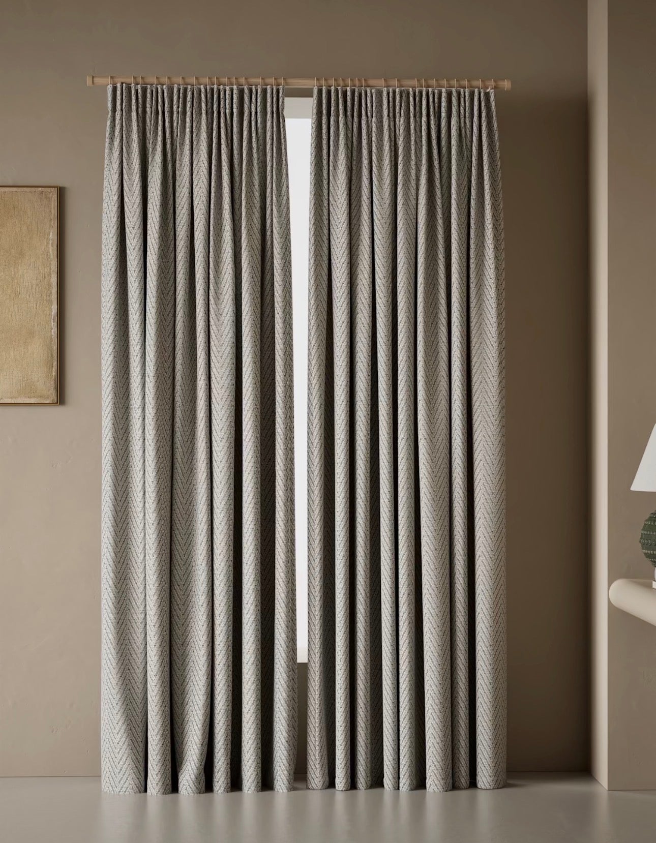 M & S Natural/Grey Herringbone Textured Pencil Pleat Curtains 86 x 90 inch