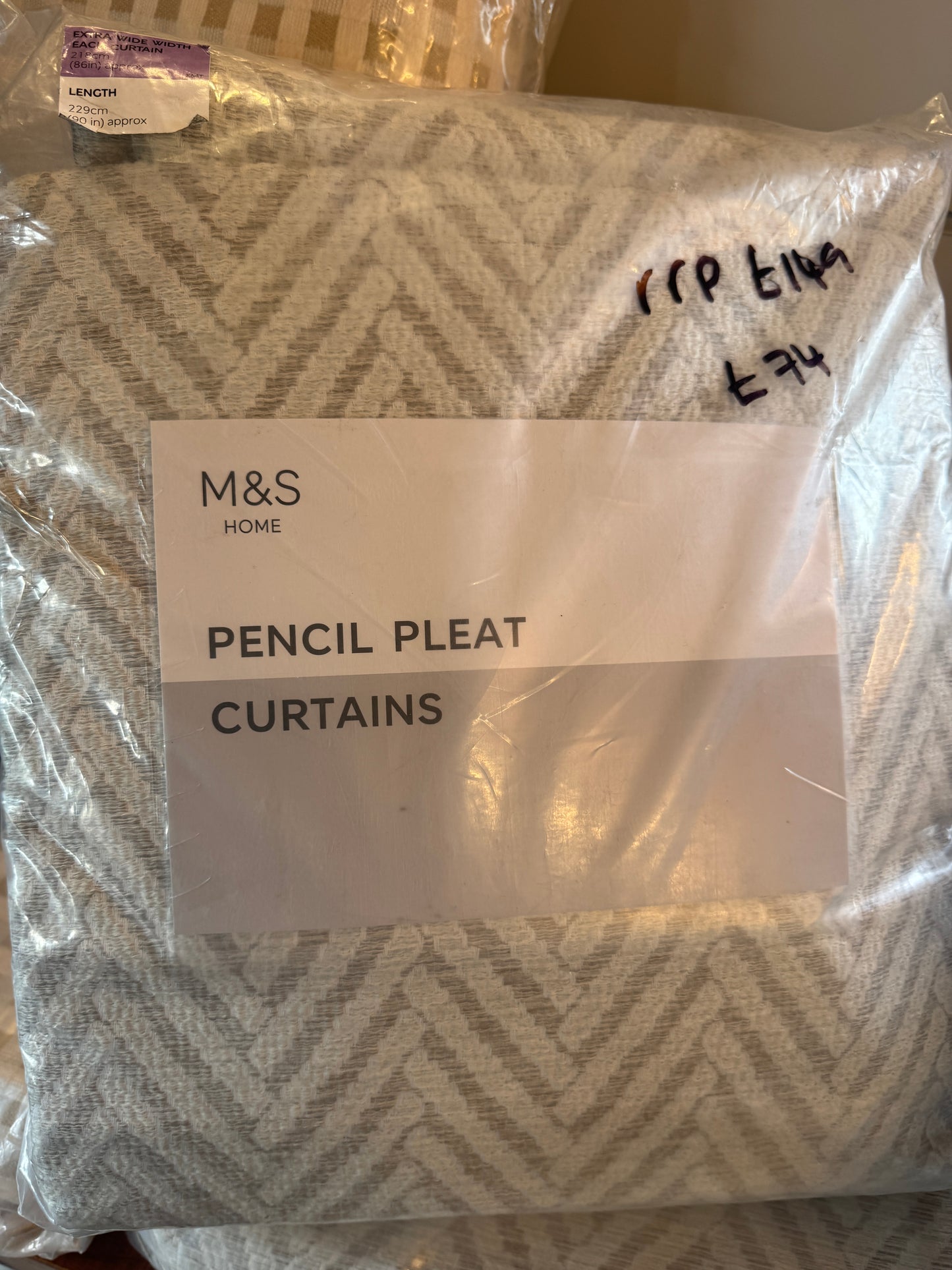 M & S Natural/Grey Herringbone Textured Pencil Pleat Curtains 86 x 90 inch