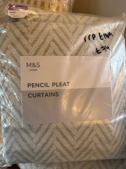 M & S Natural/Grey Herringbone Textured Pencil Pleat Curtains 86 x 90 inch