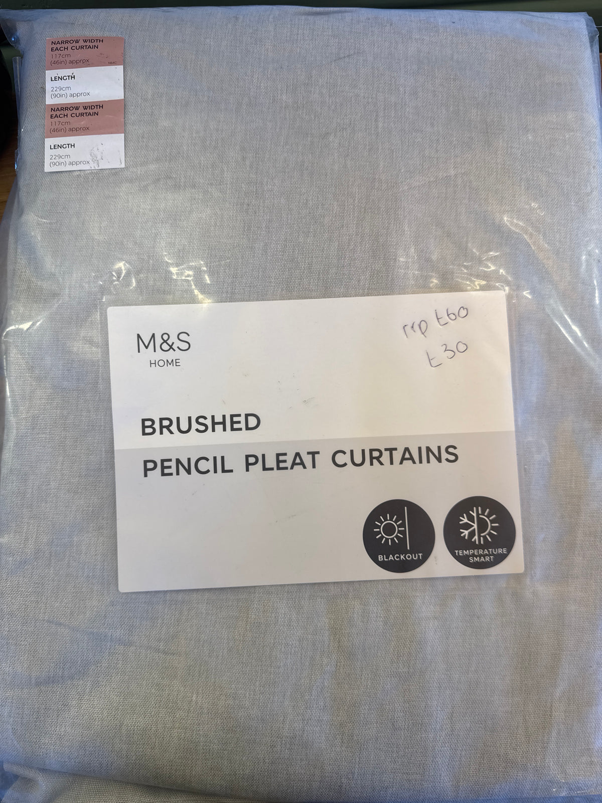 M & S Grey Smart Temperature Blackout Brushed Pencil Pleat curtains 46 x 90  inch
