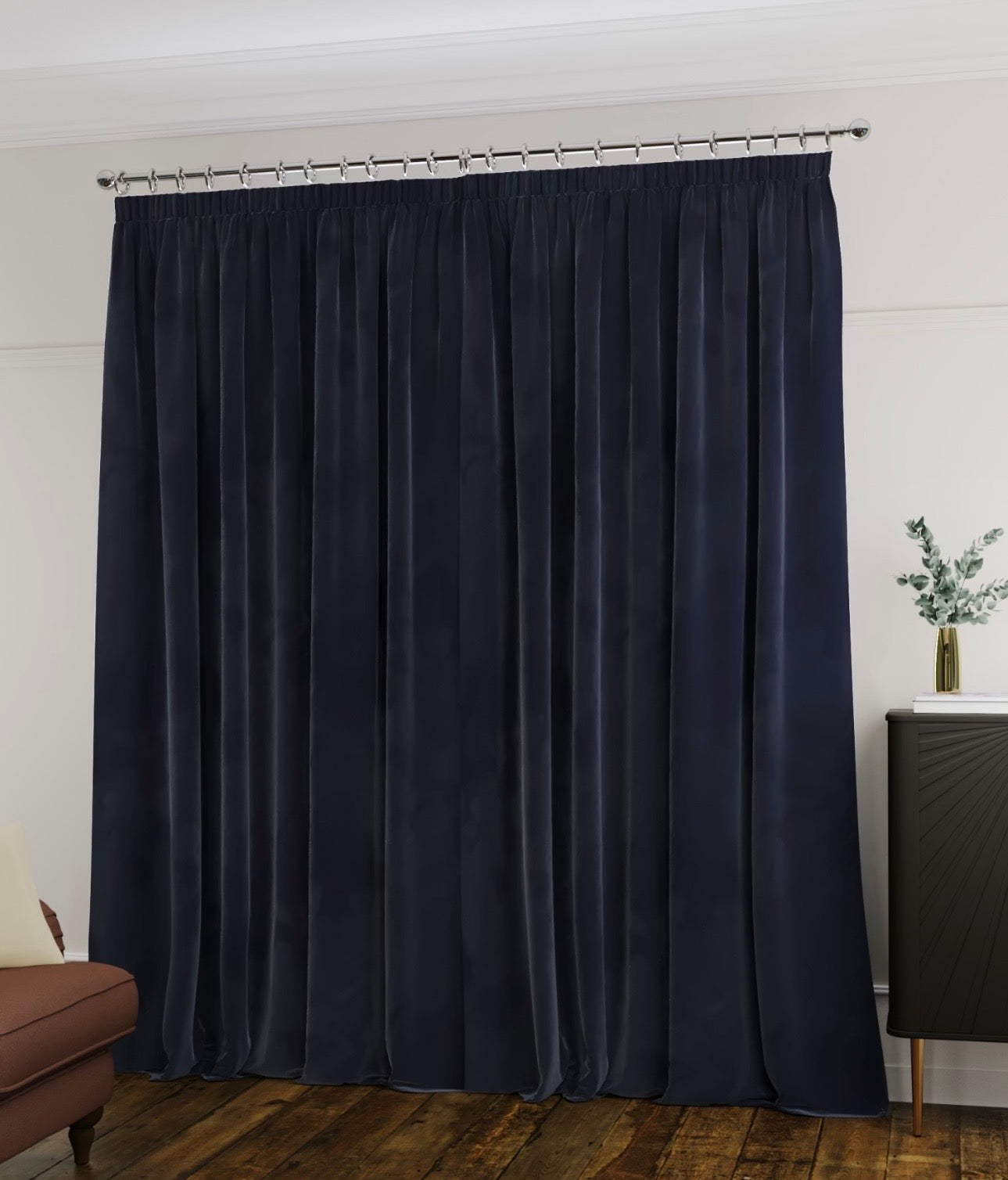 M & S Navy Blue Velvet Thermal Pencil Pleat Curtains 66 x 90 inch
