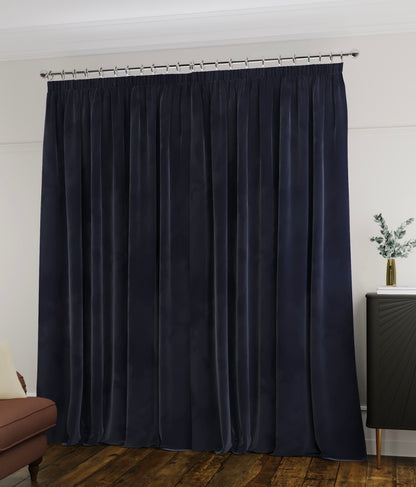 M & S Navy Blue Velvet Thermal Pencil Pleat Curtains 66 x 90 inch