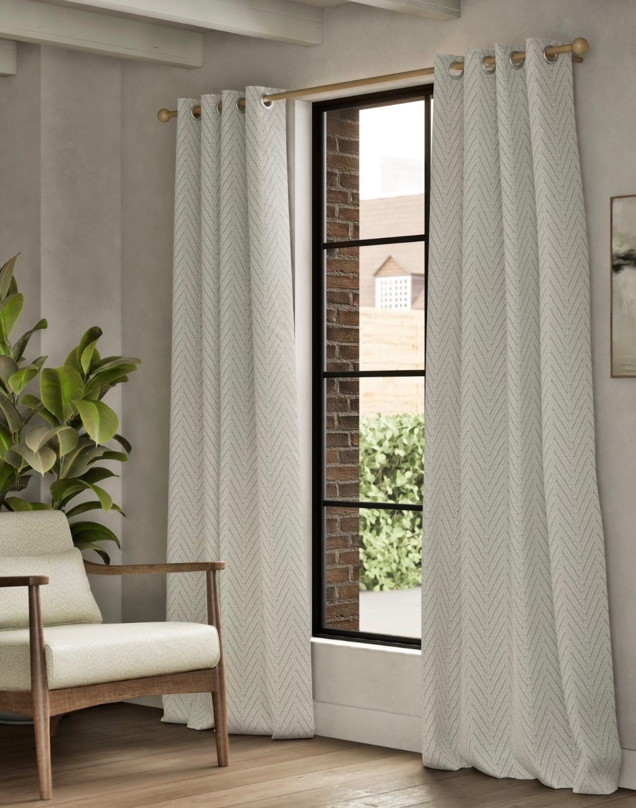 M & S Natural/Grey Herringbone Textured Eyelet Curtains Natural/Grey 66 x 72 inch