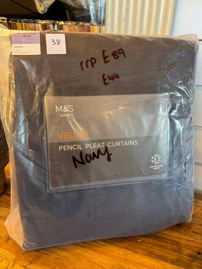 M & S Navy Blue Velvet Thermal Pencil Pleat Curtains 86 x54 inch