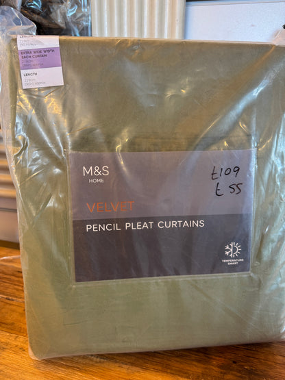 M & S Green Velvet Thermal Pencil Pleat Curtains 86 x 90 inch