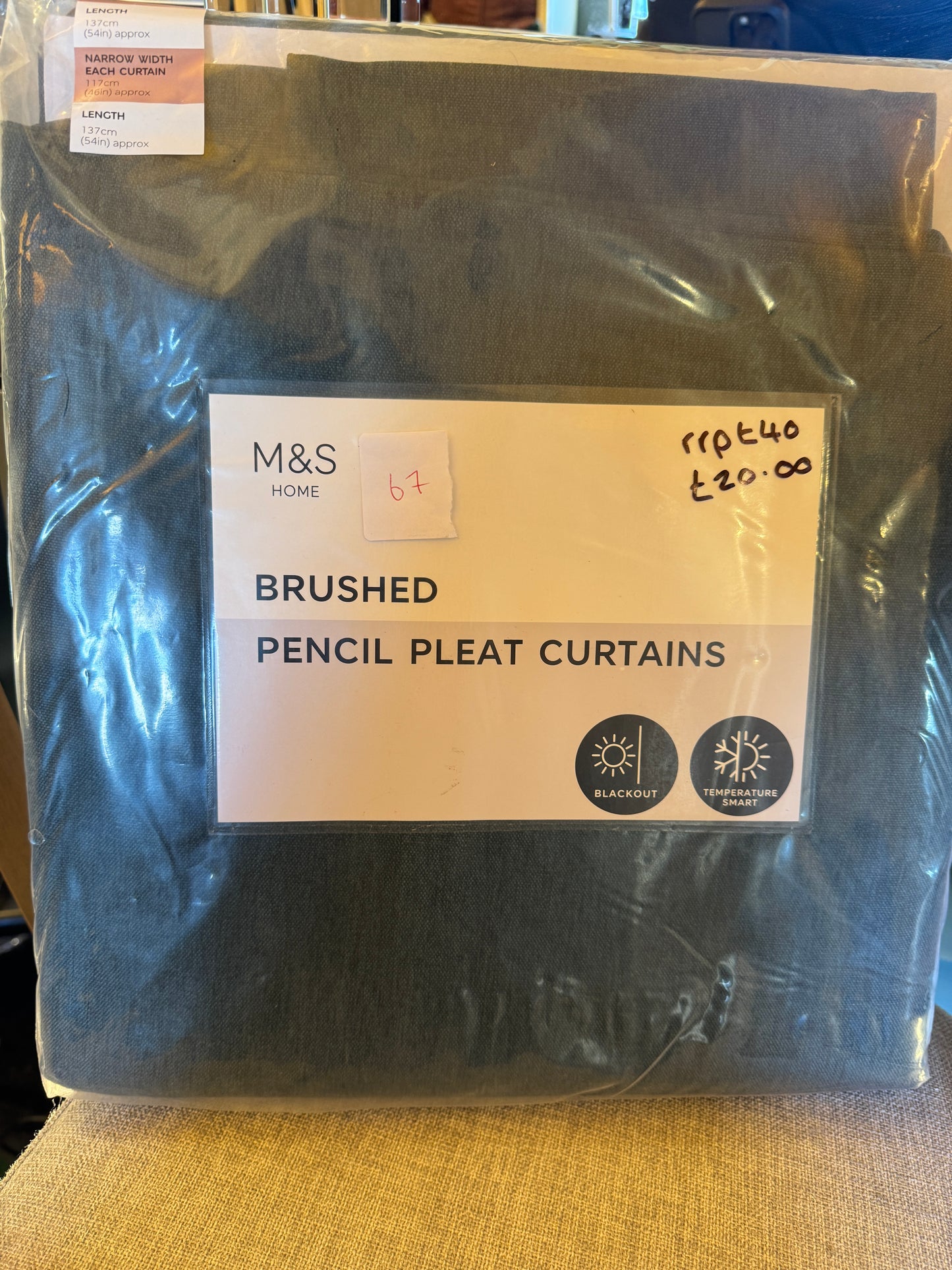 M & S Teal Smart Temperature Blackout Brushed Pencil Pleat Curtains 46 x 54 inch