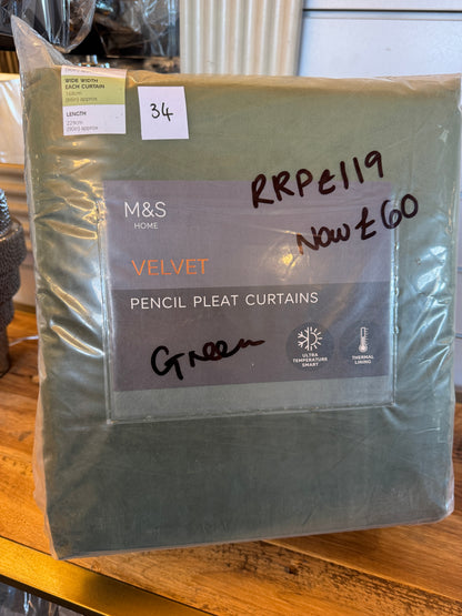 M & S Green Velvet Thermal Pencil Pleat Curtains 66 x90 inch