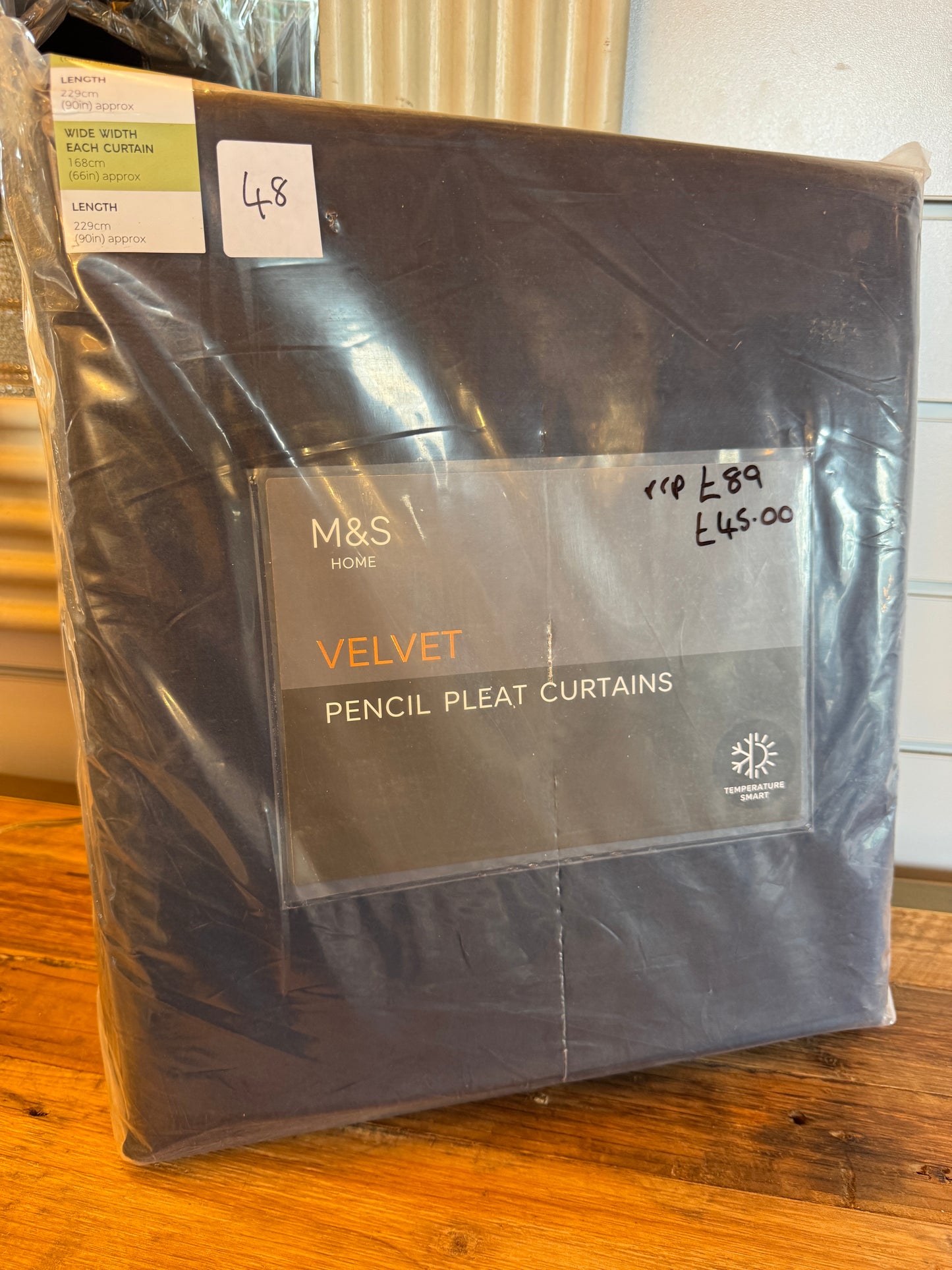 M & S Navy Blue Velvet Thermal Pencil Pleat Curtains 66 x 90 inch
