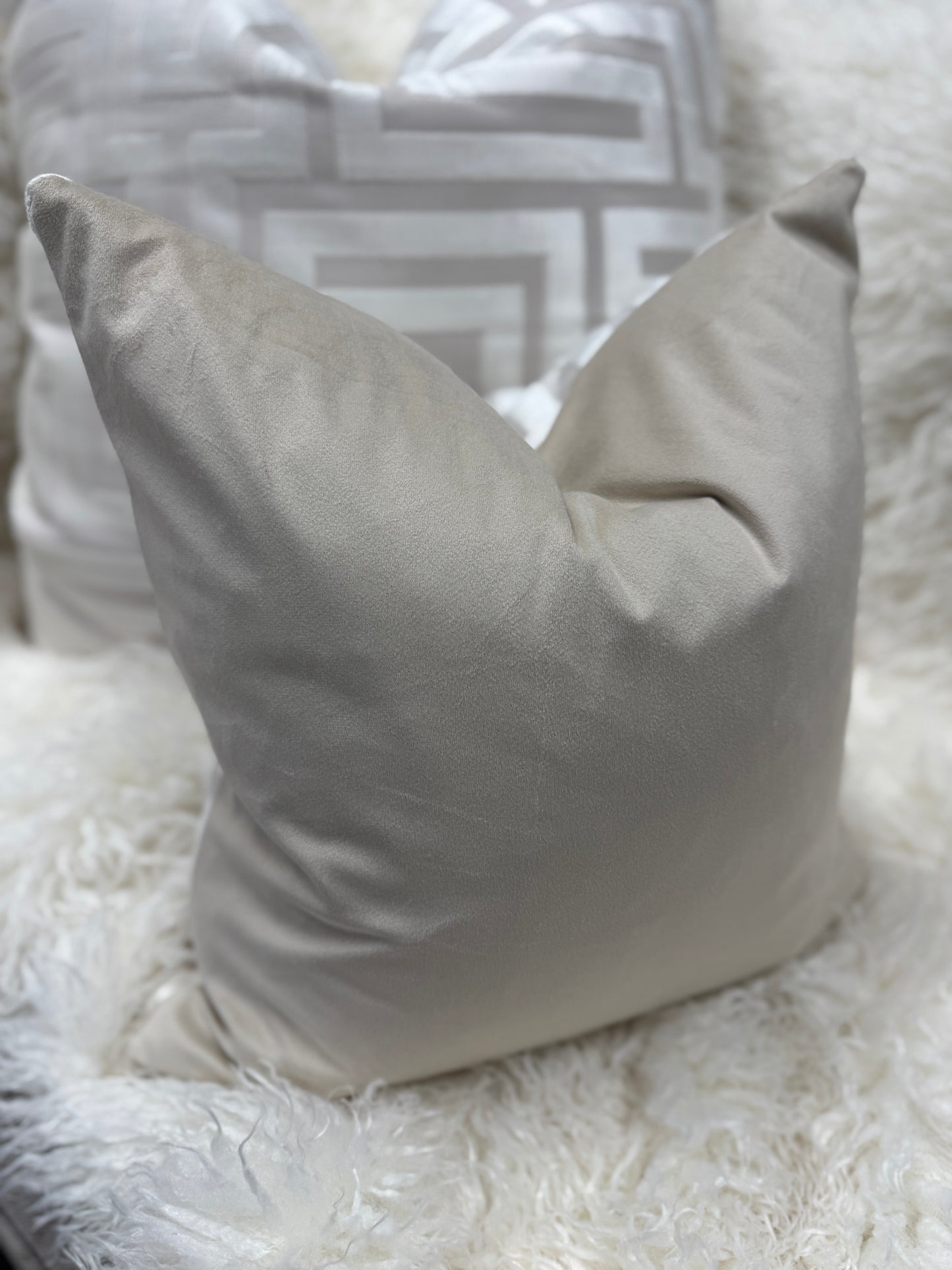 Taupe and cream zig zag velvet pattern cushion 60 x 60cm feather filled