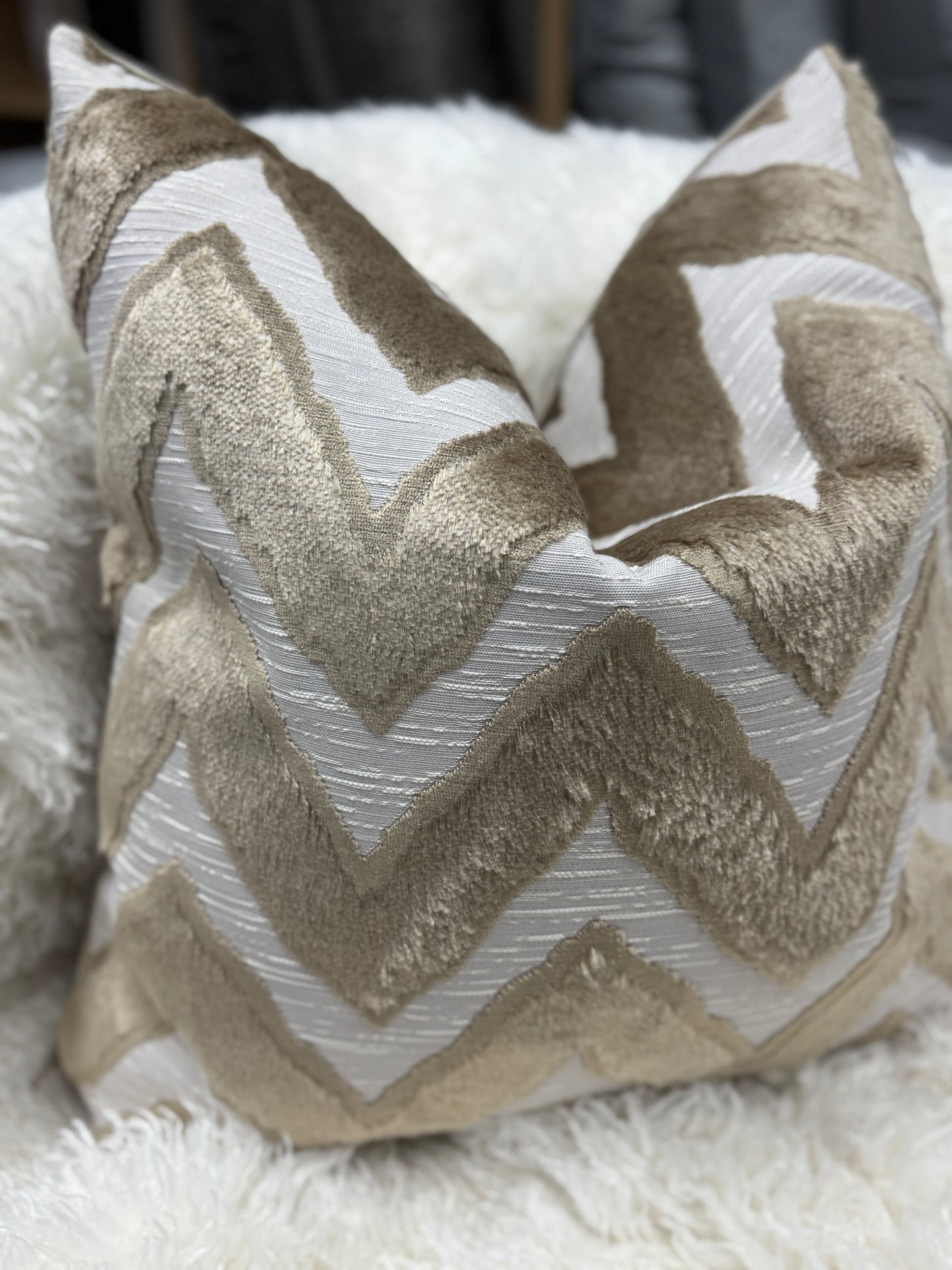 Taupe and cream zig zag velvet pattern cushion 60 x 60cm feather filled