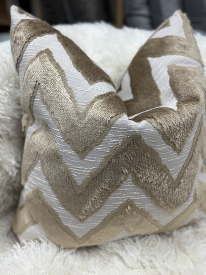 Taupe and cream zig zag velvet pattern cushion 60 x 60cm feather filled