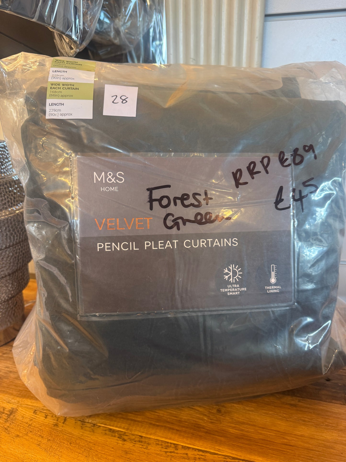 M & S Forest Green Velvet Thermal Pencil Pleat curtains 66 x 90 inch