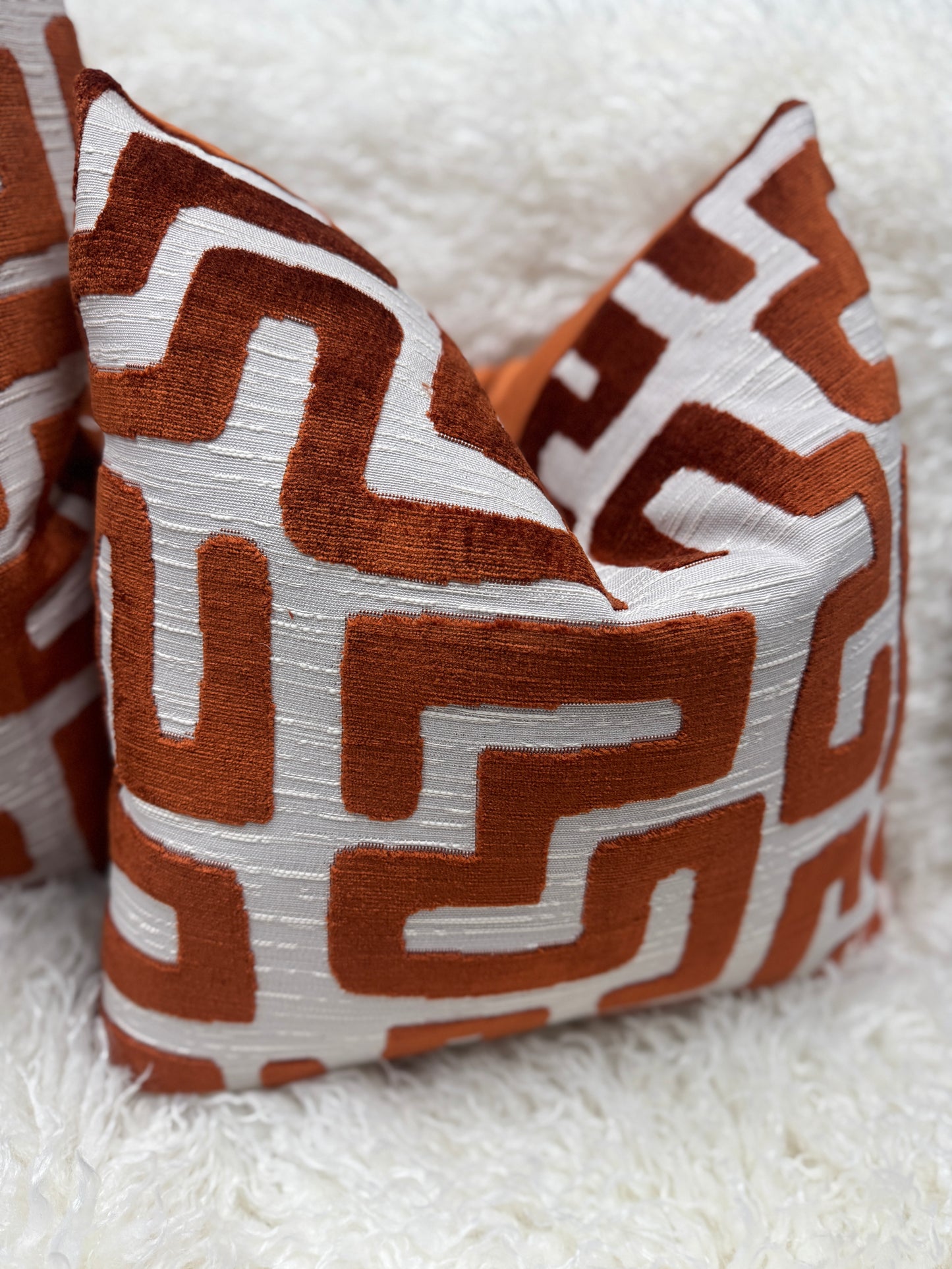 Burnt orange maze velvet cushion feather filled 45 x 45cm (Copy)