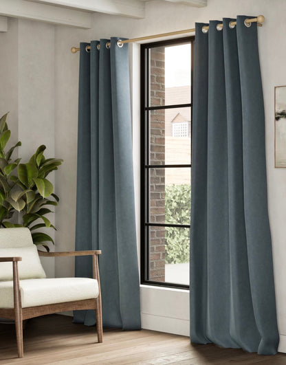 M & S Slate Blue Thermal Velvet Eyelet Curtains 66 x 90 inch
