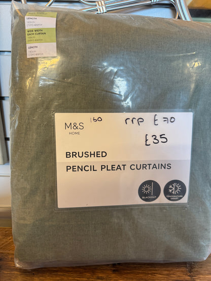 Marks and Spencer Olive Green Brushed Fabric Pencil Pleat Black Out Curtains 66 x 72 in