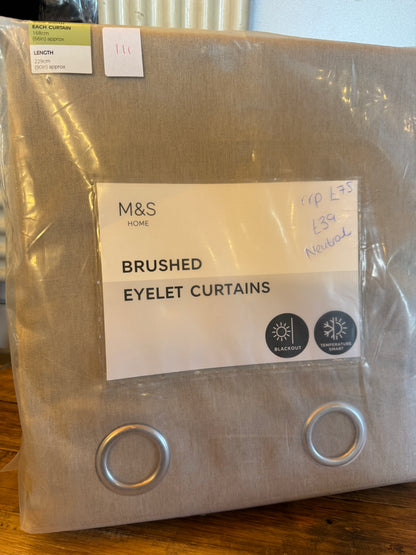 Marks and Spencer neutral beige Smart Temperature Blackout Brushed Eyelet curtains  66 x 99 inch