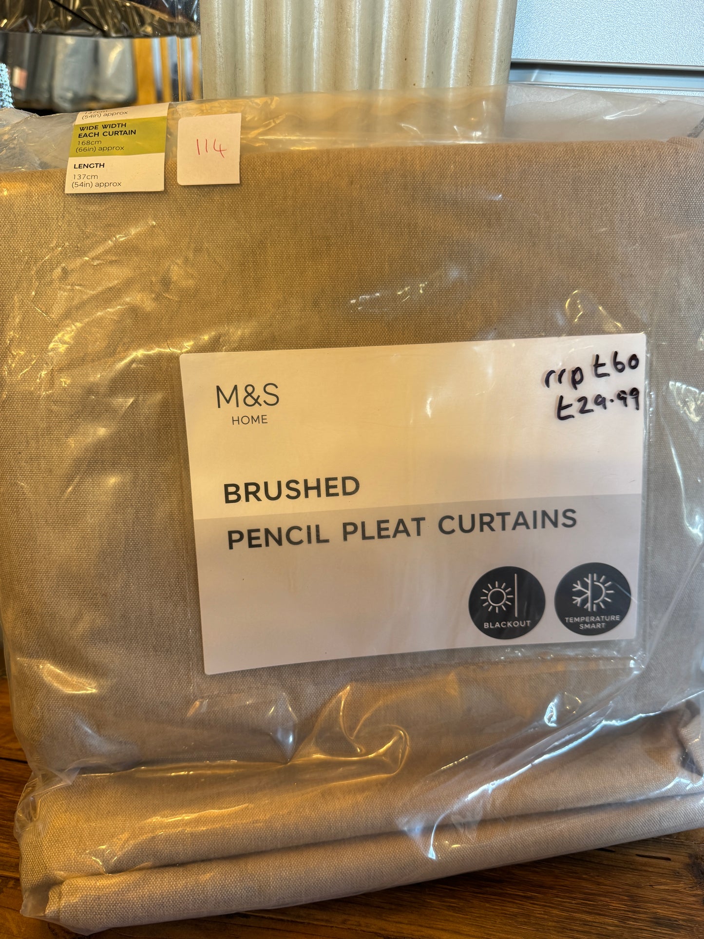 Marks and Spencer  neutral beige ultra  Smart Temperature Blackout Brushed Pencil Pleat curtains 66 x 54 inch