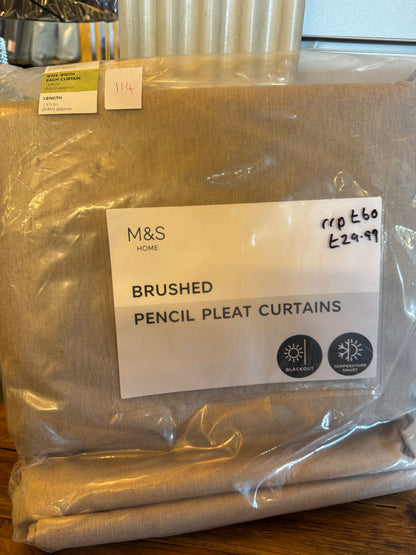 Marks and Spencer  neutral beige ultra  Smart Temperature Blackout Brushed Pencil Pleat curtains 66 x 54 inch