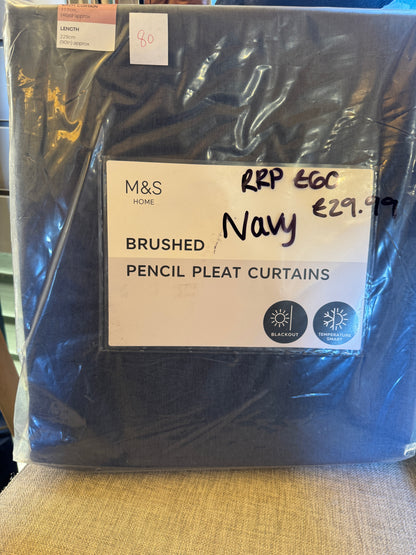 M & S Navy Blue Smart Temperature Blackout Brushed Pencil Pleat curtains 46 x 90 inch