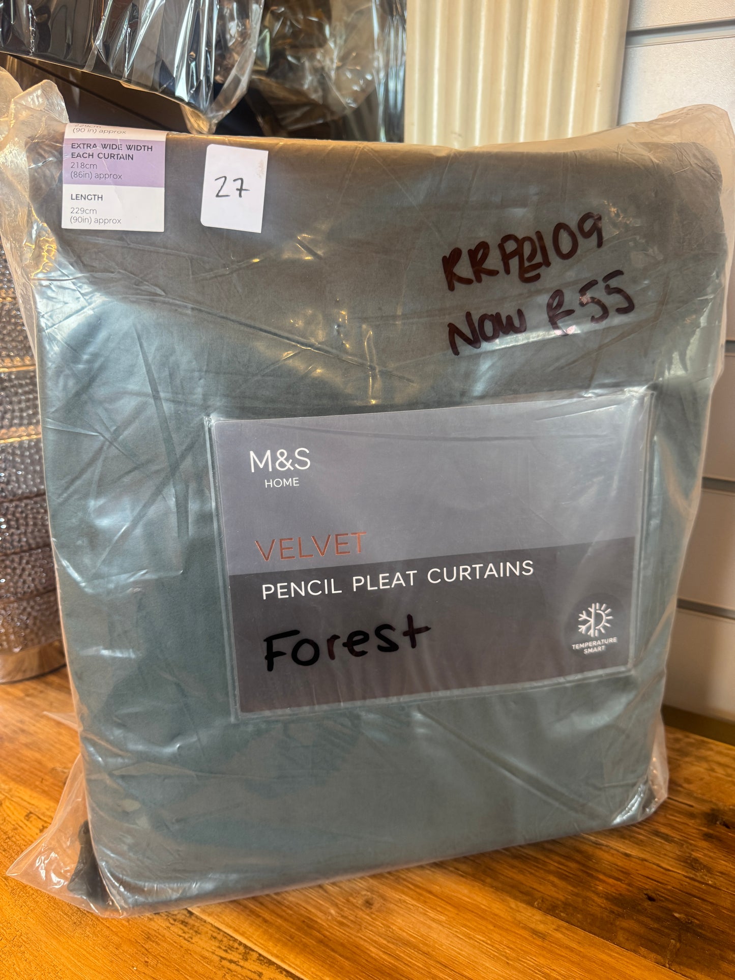 M & S Forest Green Velvet Thermal Pencil Pleat curtains 86 x 90 inch